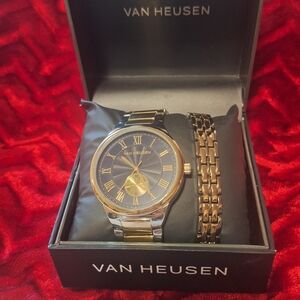 Van Heusen Men's Gold and Silver Toned Watch Set, Navy Face